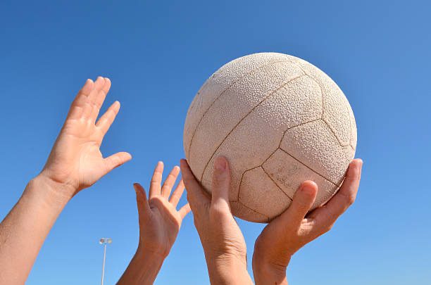 alt="hands reaching for a netball"