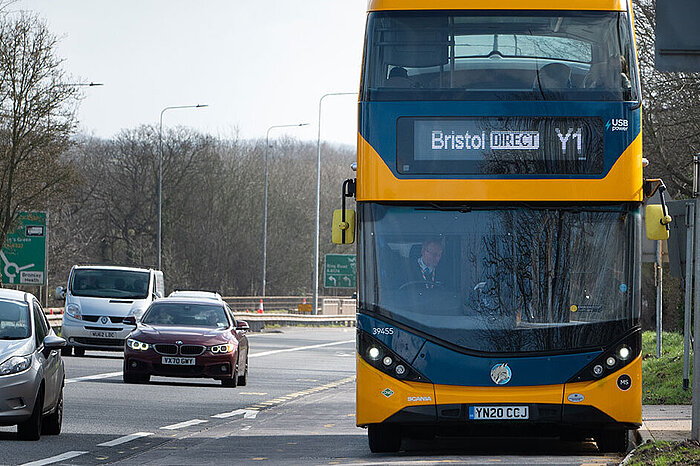 alt="The Y1 bus parked at a bus stop on the Bristol ring road"